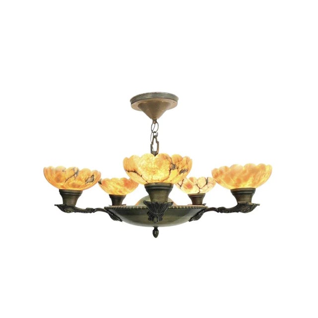 Art Deco Brass and Alabaster Pendant Chandelier, 1930s For Sale - Image 3 of 12