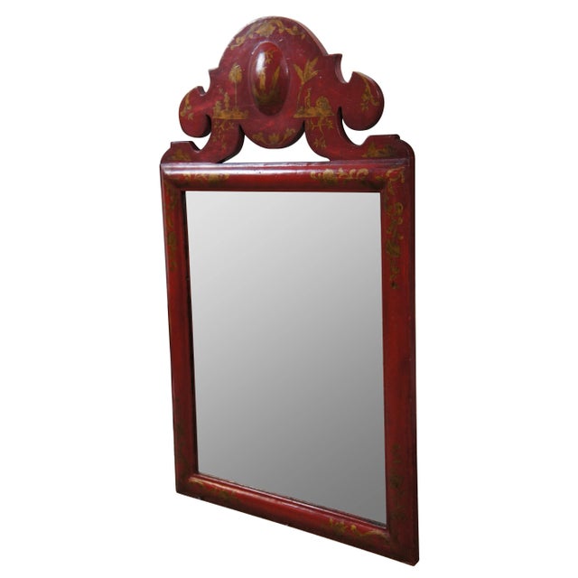 Vintage William & Mary / chinoiserie wall mirror japanned in scarlet with gold painted decoration, rectangular in shape...