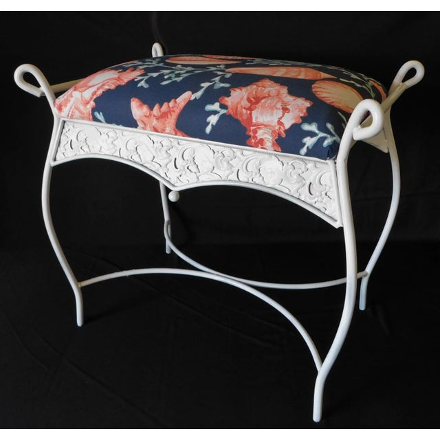 Blue Vintage Mid Century White Iron Blue Coral Upholstered Vanity Stool Bench For Sale - Image 8 of 13