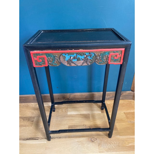 Mid 20th Century Vintage Black & Red Asian Accent Table With Carved and Painted Scenic Panels For Sale - Image 5 of 9