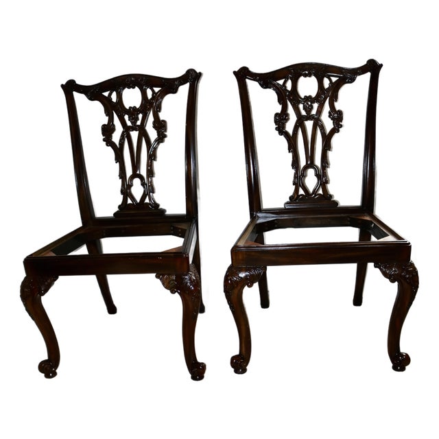 Attributed to Theodore Alexander Chippendale Mahogany Dining Side Chair Frames - A Pair For Sale