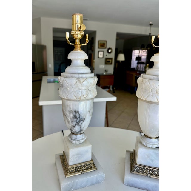 Pair of Italian Neoclassic Alabaster Table Lamps, Hand-Carved, 1950s For Sale - Image 17 of 18