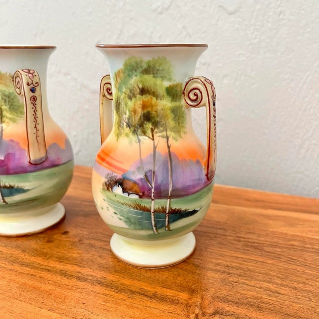 Japanese Pair of Antique Dual Handled Nippon Vases For Sale - Image 3 of 9