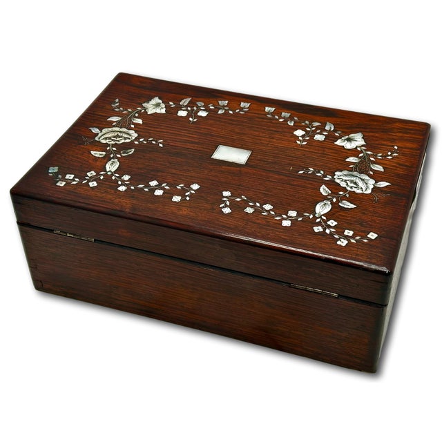 Outstanding Antique Victorian Rosewood Veneer Sewing Box With Fancy Abalone Seashell Inlay Flowers - Circa 1870s For Sale - Image 13 of 18