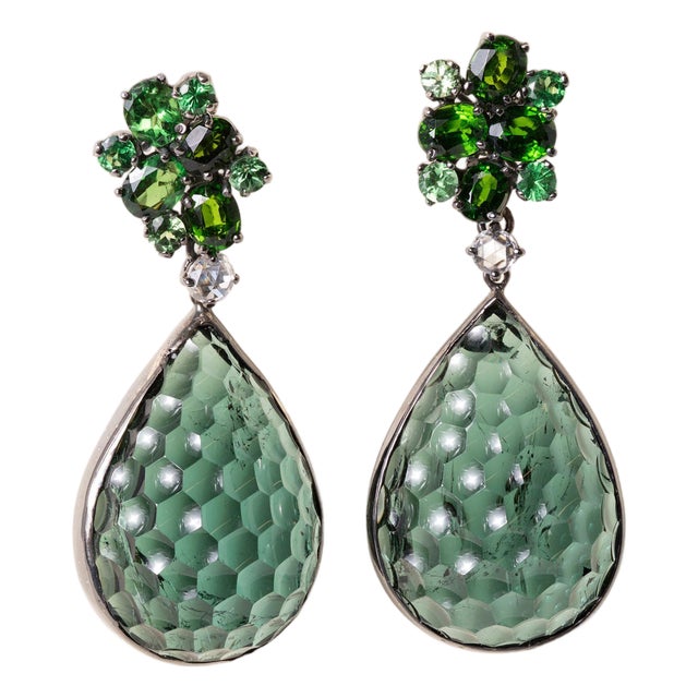 18k Gold 44.25ct Indicolite Tourmaline, Chrome Diopside and Diamond Earrings, A Pair For Sale