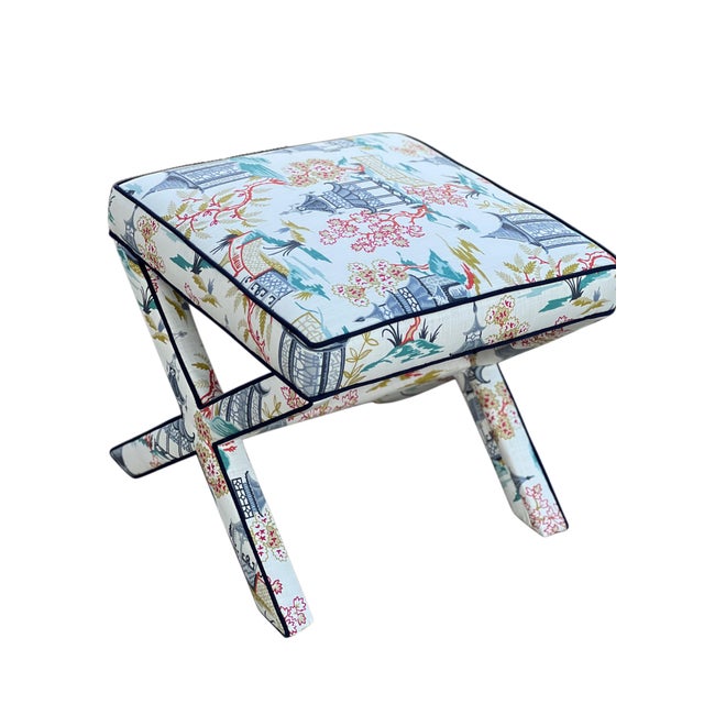 Antique White Pair Custom Chinoiserie X Benches For Sale - Image 8 of 8