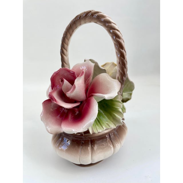 French Vintage Italian Capodimonte Pink & Yellow Roses Porcelain Centerpiece Basket For Sale - Image 3 of 9