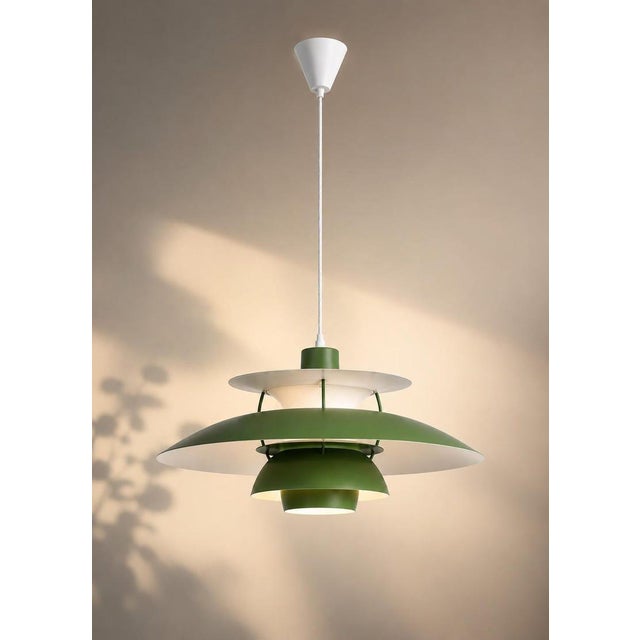 Danish Modern Green Pendant Light, Mid Century Layered Ceiling Lamp, Brass Scandinavian Hanging Light, Retro Dining Room Fixture For Sale - Image 4 of 6
