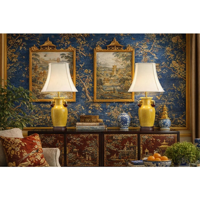 Offering a restored pair of vintage Chinese crackled yellow porcelain table lamps with three dimensional handles decorated...