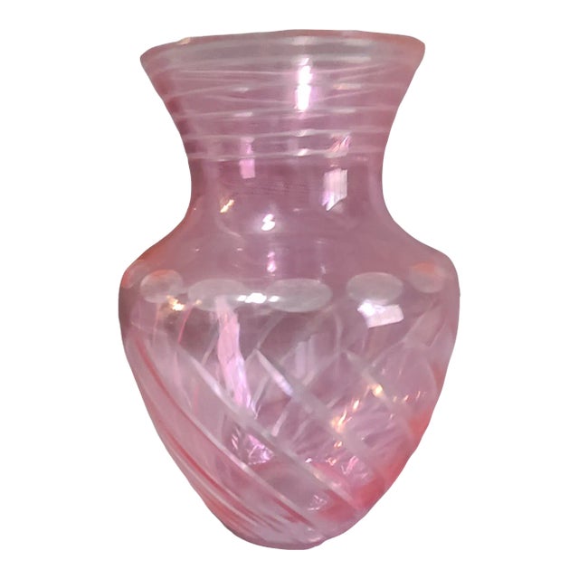 Vintage Czech Bohemian Cut to Clear Pink Glass Vase For Sale