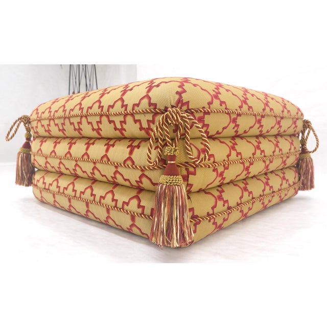 Brown Fancy Sandwich Style Upholstered Pouf Ottoman Hassock Tassels Decorated MINT For Sale - Image 8 of 9