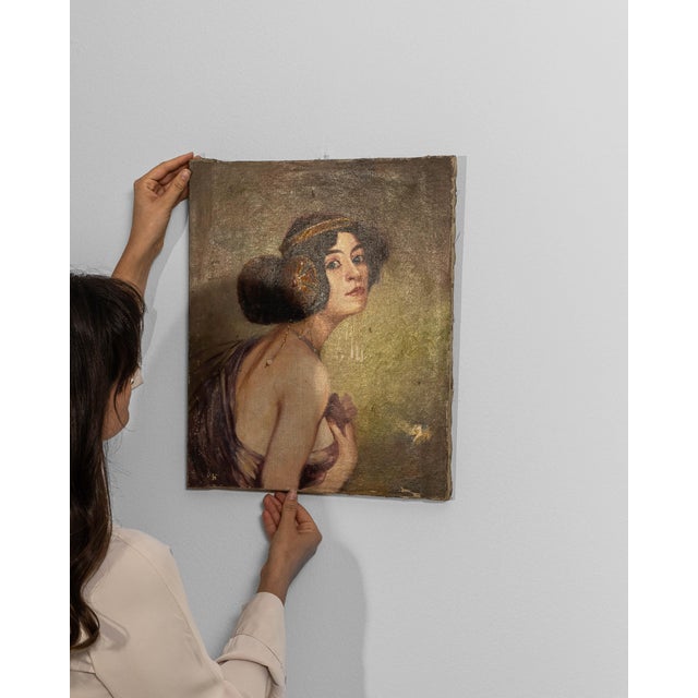 Textile 1910s French Signed Oil on Canvas Portrait For Sale - Image 7 of 18