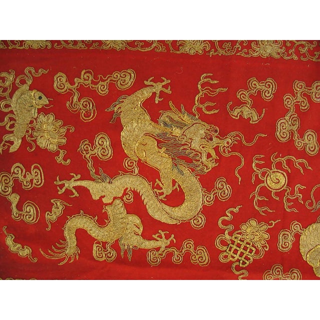 1870s Red Antique Chinese Silk & Gold Thread Embroidery Rug 5'5" X 5'6" Flatweave Carpet For Sale In New York - Image 6 of 6
