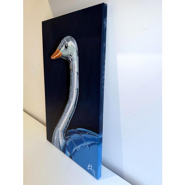 Acrylic painting depicting an inflatable ostrich figure presented in a vertical portrait format, examining hierarchy,...