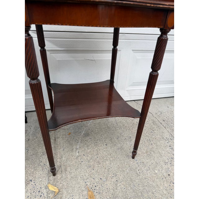 Pair of Vintage Hepplewhite Style Mahogany Side Tables With Pierced Galleries and Lower Shelves For Sale - Image 11 of 12
