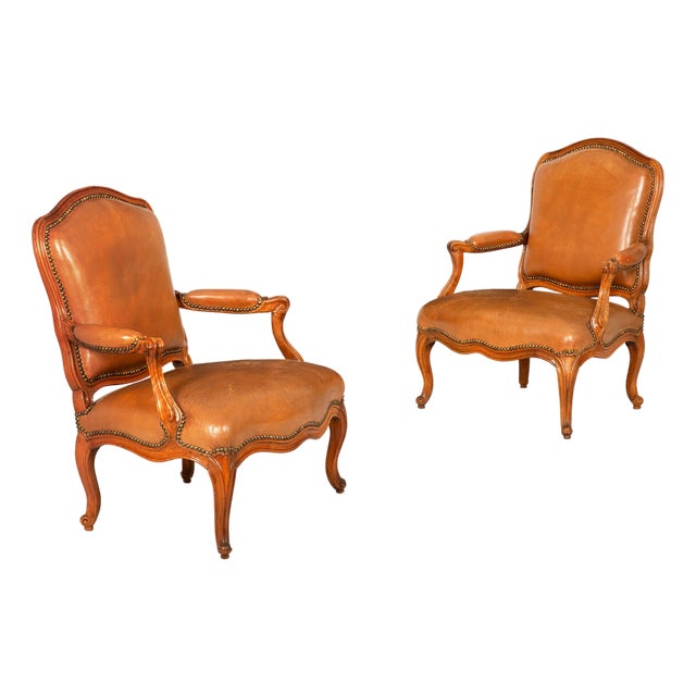 Pair of French Louis XV Carved Fauteuils Arm Chairs by Louis Cresson Ca. 1750 For Sale