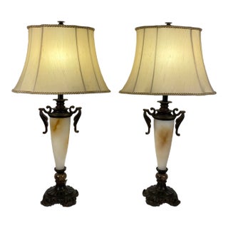 Pair of Neoclassical Style Table Lamps Beige in Italian Faux Alabaster Marble and Brass For Sale
