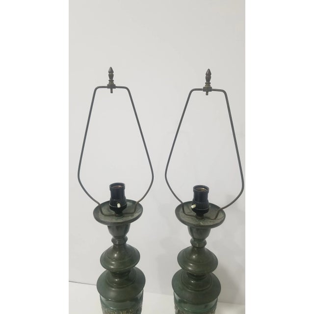 1950s 1950s Regency Japanese Verdigris Brass Marbro Style Table Lamps - a Pair For Sale - Image 5 of 12