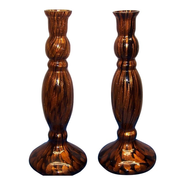 Vintage MCM Murano Style Gold Brown 13” Bud Vases-Set of 2 For Sale