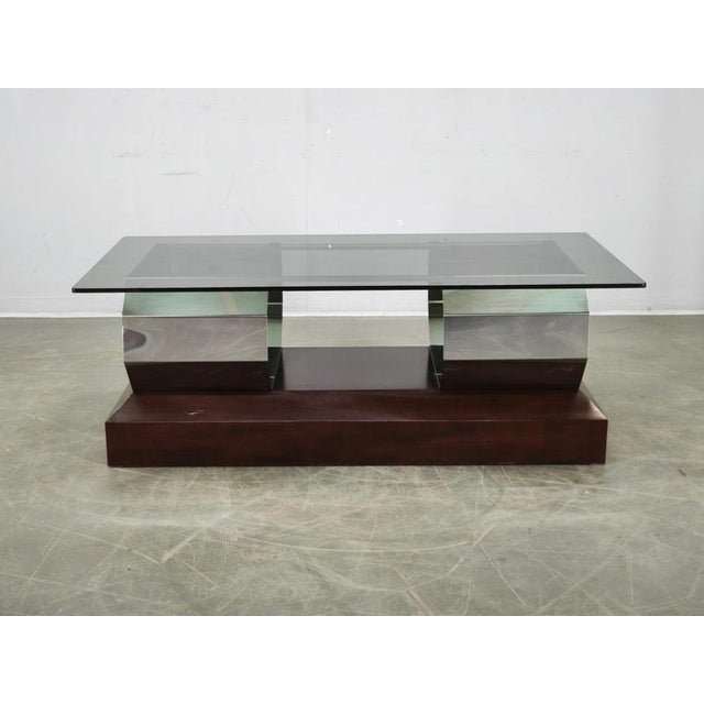 Brown Italian Chrome, Smoked Glass and Wood Coffee Table, 1970s For Sale - Image 8 of 14