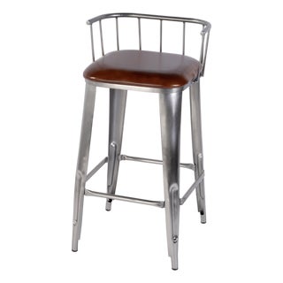 Coriander 31 in. Seat Height Leather & Iron Bar Height Stool with Back and Footrest, Brown Leather For Sale