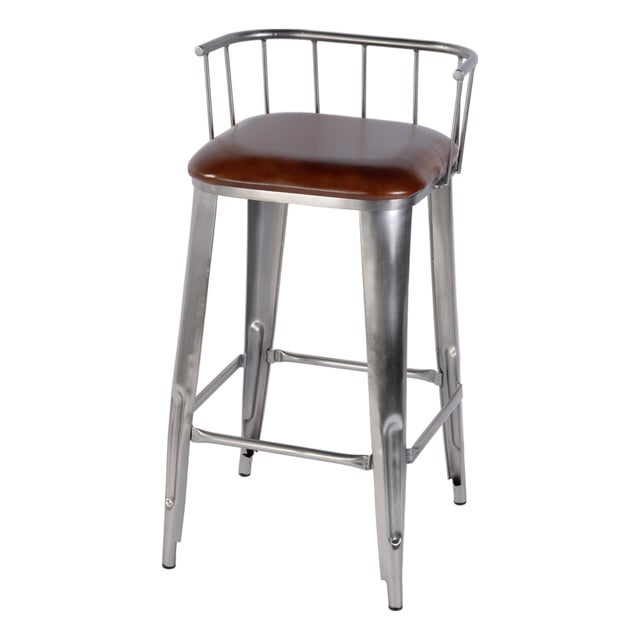 Coriander 31 in. Seat Height Leather & Iron Bar Height Stool with Back and Footrest, Brown Leather For Sale