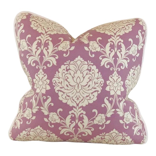 Designer P Kaufmann Waverly Ivory Lilac Purple Damask Leaves Scroll Pillow Cover For Sale