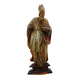 Antique European Polychrome & Gilt Carved Wood Figure of a Holy Bishop, Circa 1700 For Sale