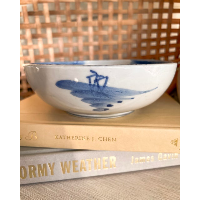 Ceramic Antique Blue & White Hand-Painted Porcelain Bowl With Fisherman Scene For Sale - Image 7 of 10