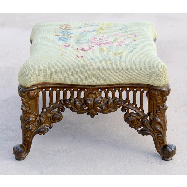 1940s Vintage 1940s Rococo Revival Gilt Cast Iron Footstool With Floral Needlepoint Cushion For Sale - Image 5 of 13