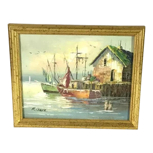 1990s New England Wharf Scene Oil Painting on Board, Framed
