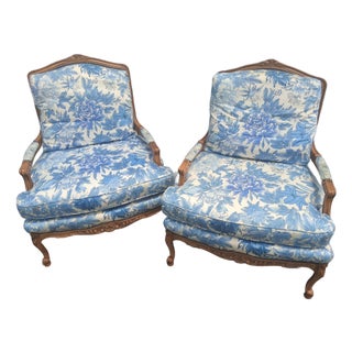 Vintage French Style Louis XV Carved Floral Bergeres For Sale