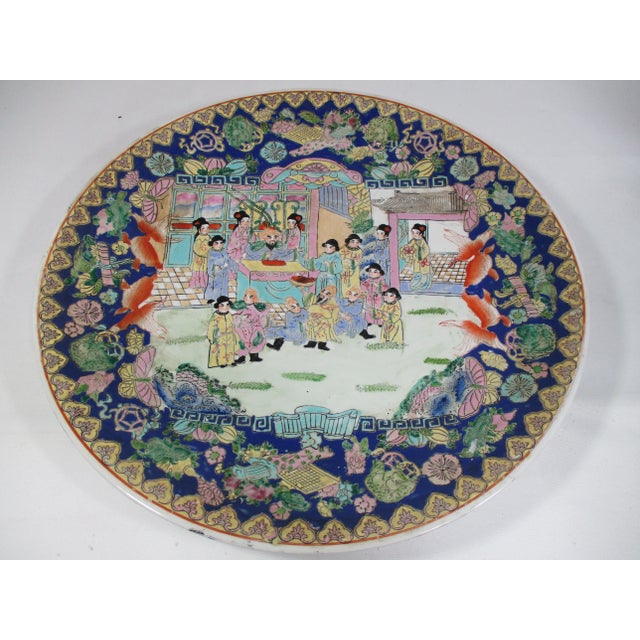 Large 1930s Chinese Hand Painted Porcelain Charger For Sale - Image 4 of 12