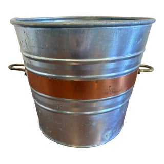 Vintage Metal Bucket With Copper Accent Band and Brass Handles For Sale
