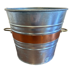 Vintage Metal Bucket With Copper Accent Band and Brass Handles
