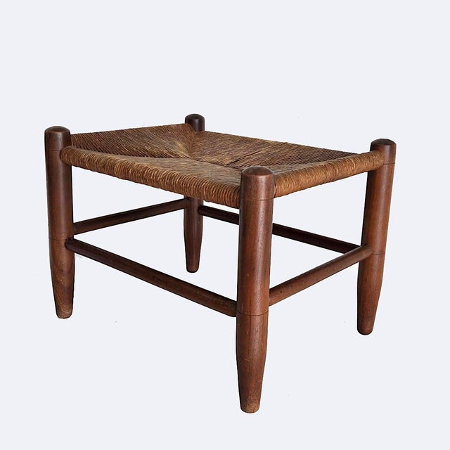 Mid-Century Modern 1960s Large Woven Rush Stool With Walnut Wood Frame For Sale - Image 3 of 13