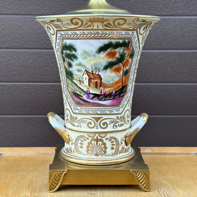 Vintage signed Chelsea House Hand Painted Ceramic & Brass Table Lamp Base measures 6.325” square Measures 16” tall to top...
