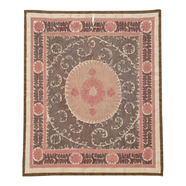 Brown Pink Cotton Suzani Wall Hanging With Medallion For Sale