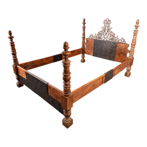 British Colonial Style Hardwood and Forged Iron Four Poster Queen Bed Frame