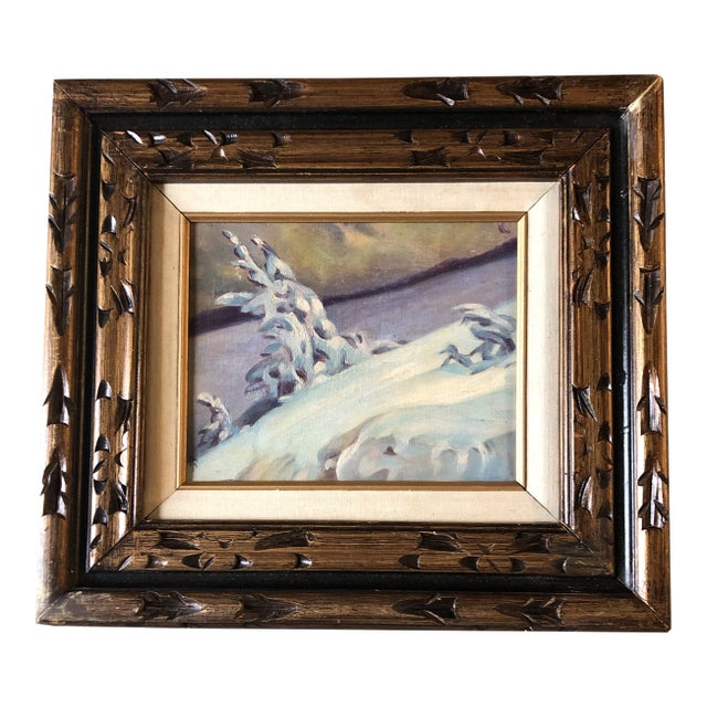 Original Vintage Modernist Landscape Snow Scene Painting Frame For Sale