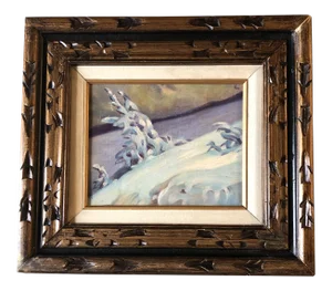 Original Vintage Modernist Landscape Snow Scene Painting Frame