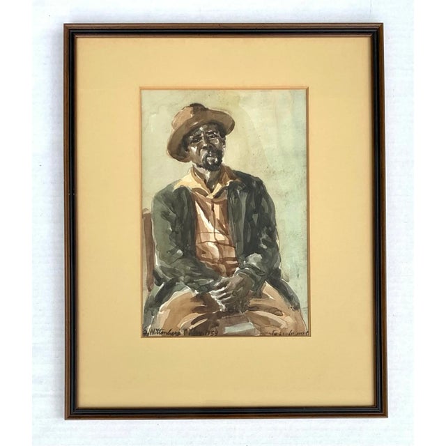 Wood 1959 Mid-Century Portrait Painting of a Black Man in Hat For Sale - Image 7 of 7