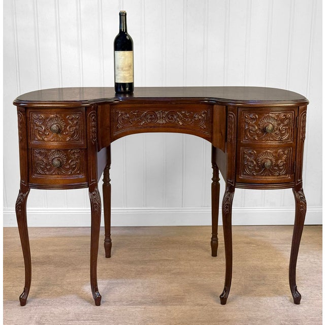 A French Styled Kidney Writing Desk c.1940's Solid Mahogany Construction with a Lovely Matchbook Veneered Top Attractive...