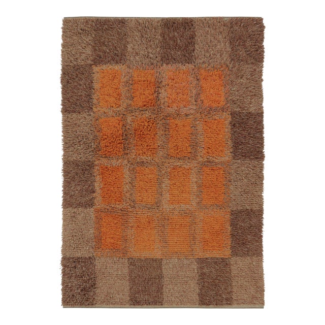 Vintage Swedish Rya Rug, Orange and Brown Geometric Checkerboard - Rug & Kilim For Sale