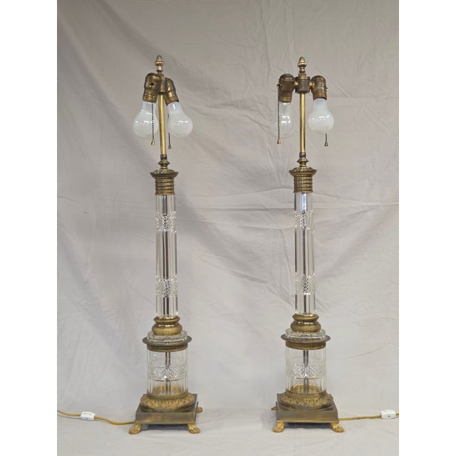 Vintage Crystal and Brass Column Table Lamps - Style of William Kessler Baccarat For Sale - Image 4 of 17