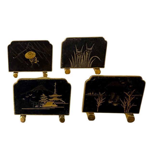 Mid 20th Century Japanese Damascene Mixed Metal Napkin Rings & Place Card Holders - Set of 12 For Sale - Image 4 of 5
