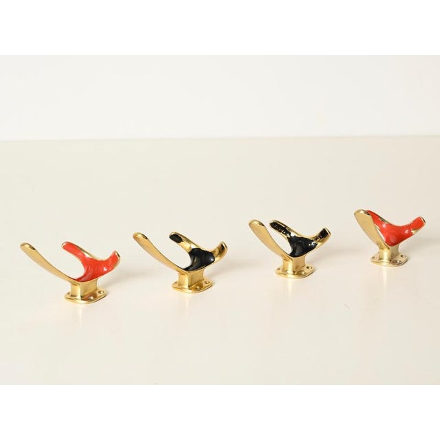 Gold Mid-Century Brass and Coral Red and Black Enamel Coat Hooks, Italy, 1950s, Set of 4 For Sale - Image 8 of 14