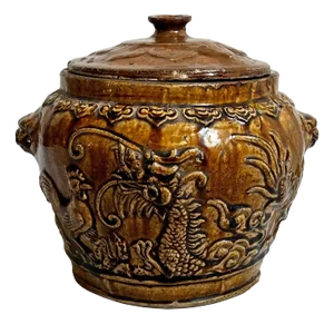 Antique Amber Chinese Ceramic Pot With Lid