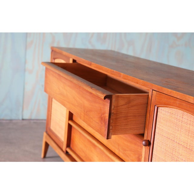 1960s Lane Rhythm Walnut and Cane Dresser Cabinet Credenza Mid Century Modern 66" For Sale - Image 12 of 14