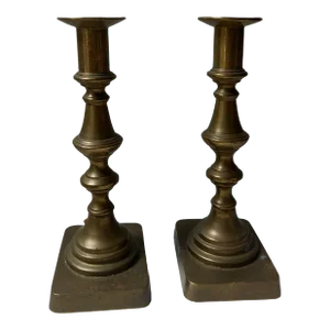 19th Century Pair of Antique Heavy Bronze Candlesticks